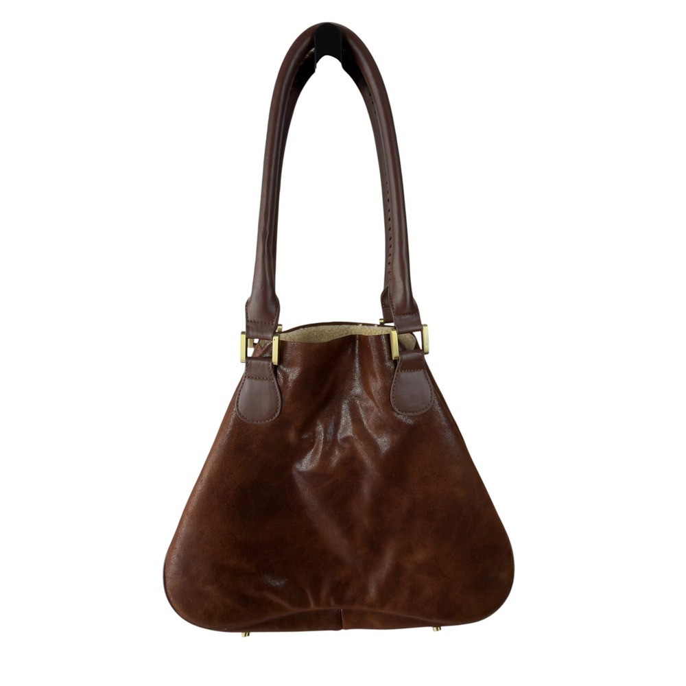 Faux Suede Leather Shearling Lined Shoulder Bag Brown Tote with Paisley Pouch